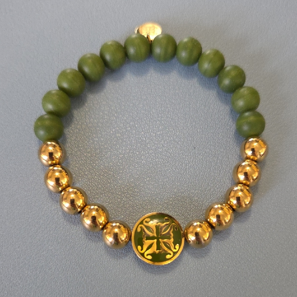 Rustic Cuff Green and Gold Soft Beaded Bracelet